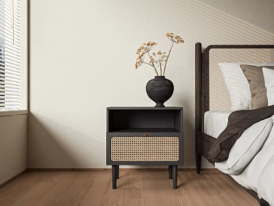 Modern Bedroom Side Table With Rattan Panel And Black Vase Decor 3d model