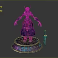 3D Character Creature with Horns Purple Blue Attire Standing on Decorative Pedestal Near Blue Sword