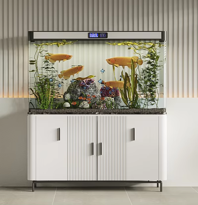 Home Aquarium With Fish Aquatic Plants And Decorative Rocks On Cabinet 3d model