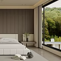 Modern Bedroom Interior With White Bed Wooden Striped Accent Wall Large Window And Greenery View