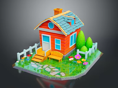 Cartoon Scene Red House With Blue Roof White Fence Lawn Flowers Bench And Stone Path 3d model