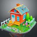 Cartoon Scene Red House With Blue Roof White Fence Lawn Flowers Bench And Stone Path