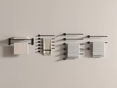 Modern Bathroom Accessories With Black Metal Towel Bars And Hanging Towels 3d model