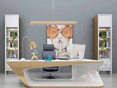 Modern Office Desk With Gold Table Lamp Computer Black Chair And Art Painting 3d model