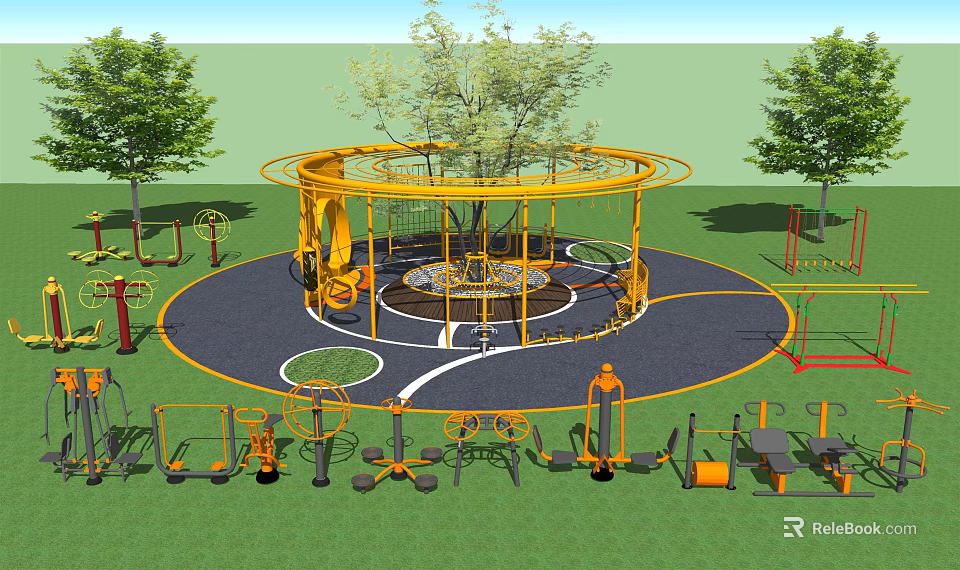 Outdoor Sports Equipment in Community Fitness Area with Climbing Frame Rotary Facilities and Trees 3d model 
