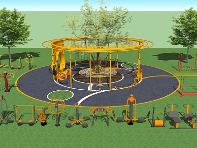 Outdoor Sports Equipment in Community Fitness Area with Climbing Frame Rotary Facilities and Trees 3d model