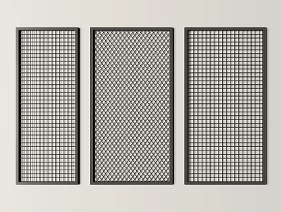 Three Different Grid Design Metal Fences Showcased With Black Frames And Various Patterns 3d model