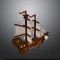 Wooden Sailing Ship Water Transport With Two Masts White Sails And Red Flags