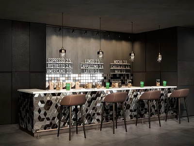 Modern Bar Interior Design With Geometric Tiled Wall Pendant Lights Counter And Leather Stools 3d model