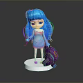 Child with Long Blue Hair in Blue Dress Holding Purple Doll Standing on White Base
