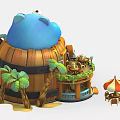 Colorful Charming Cartoon Scene Featuring Blue Bear-shaped Building Palm Trees Small Stalls and Umbrella Tables