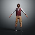 Male Character With Brown Hair Beard In Red Vest White Shirt Khaki Pants Gray Shoes 3d model