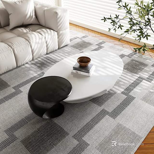White Oval Coffee Table With Brown Bowl Books And Black Side Table On Geometric Rug 3d model 