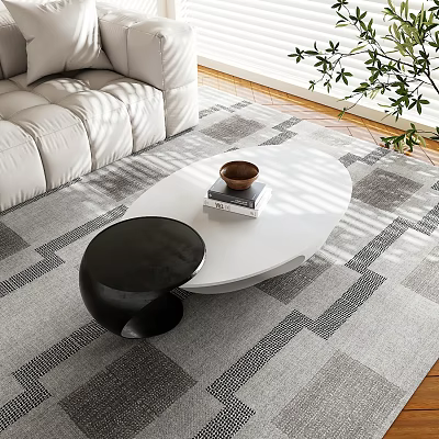 White Oval Coffee Table With Brown Bowl Books And Black Side Table On Geometric Rug 3d model