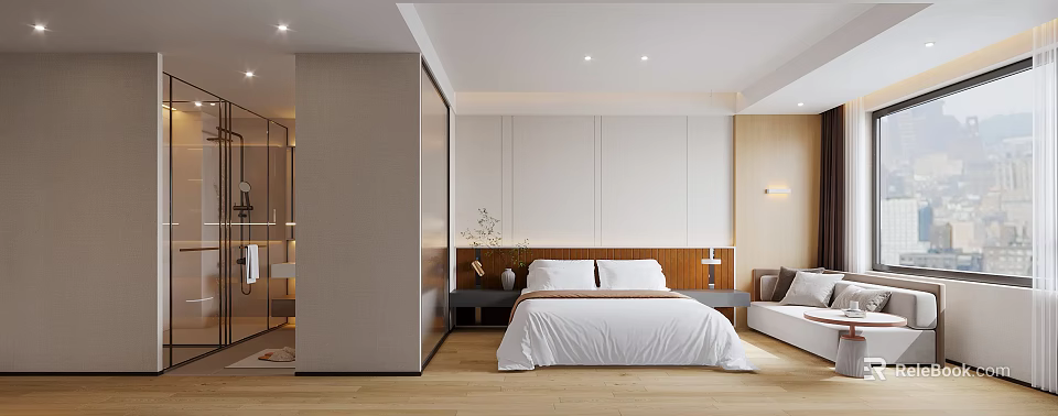 Modern Hotel Guest Room Interior Design With King Bed Wooden Floor Minimalist Walls And Sofa 3d model 