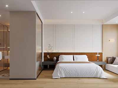 Modern Hotel Guest Room Interior Design With King Bed Wooden Floor Minimalist Walls And Sofa 3d model