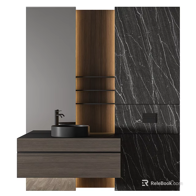 Modern Bathroom Vanity With Black Marble Background Wooden Cabinet Black Basin And Faucet 3d model 