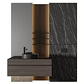 Modern Bathroom Vanity With Black Marble Background Wooden Cabinet Black Basin And Faucet