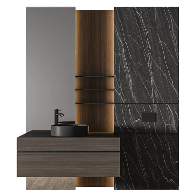 Modern Bathroom Vanity With Black Marble Background Wooden Cabinet Black Basin And Faucet 3d model