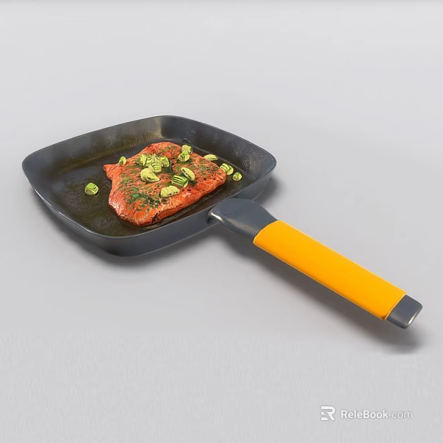 Fresh Salmon Fillet Cooked in Frying Pan with Green Herbs and Orange Handle 3d model 
