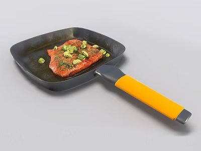Fresh Salmon Fillet Cooked in Frying Pan with Green Herbs and Orange Handle 3d model