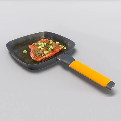 Fresh Salmon Fillet Cooked in Frying Pan with Green Herbs and Orange Handle 3d model