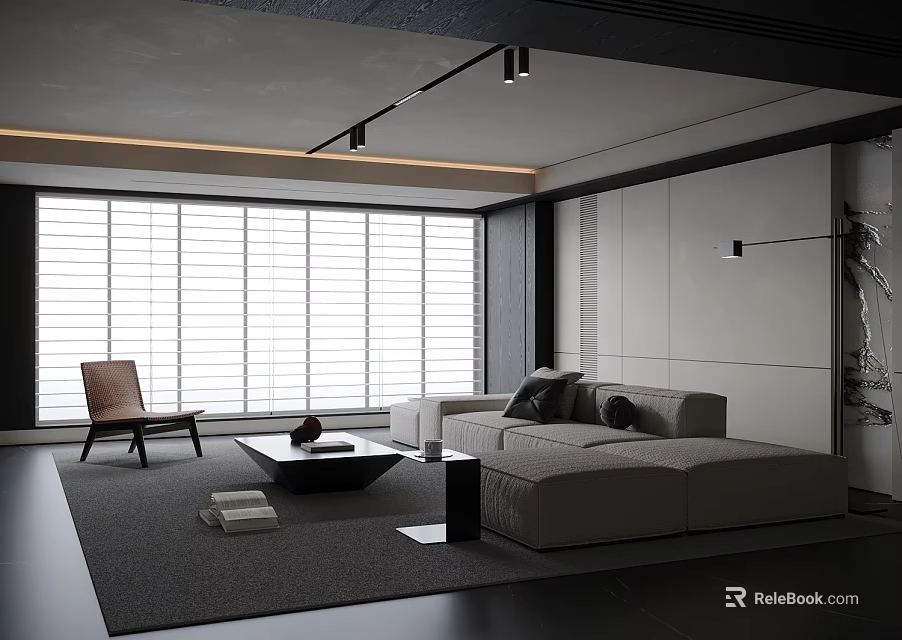 Modern Living Room With Gray Sofa Black Coffee Table Set And Floor to Ceiling Blinds 3d model 