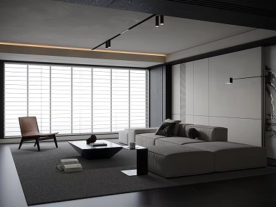 Modern Living Room With Gray Sofa Black Coffee Table Set And Floor to Ceiling Blinds 3d model