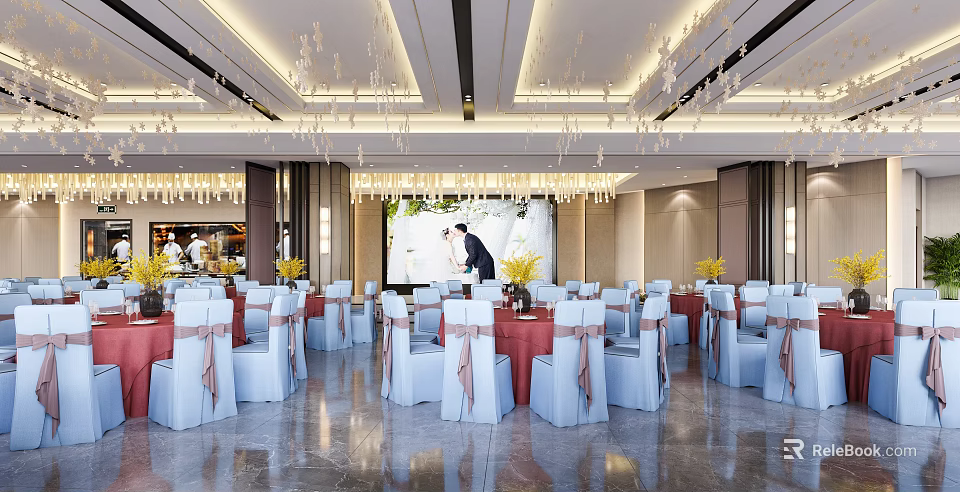 Elegant Banquet Hall with White Chairs Pink Bows Red Tables Crystal Chandeliers and Wedding Screen 3d model 