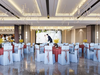 Elegant Banquet Hall with White Chairs Pink Bows Red Tables Crystal Chandeliers and Wedding Screen 3d model