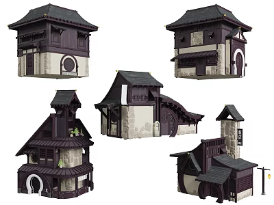 Traditional Wooden Architecture With Tile Roof Arched Doors And Multi Layer Design 3d model