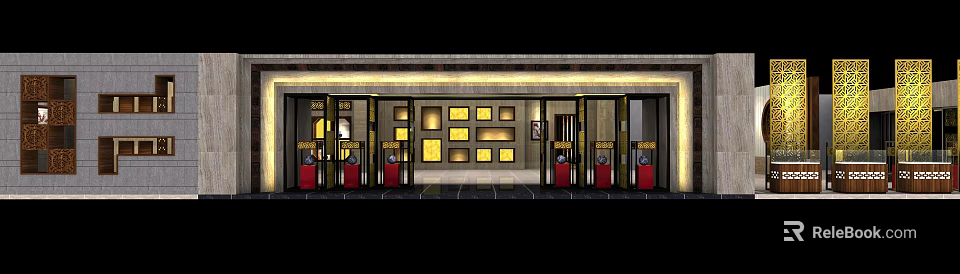 Traditional Chinese Storefront With Red Pillars Black Frames And Yellow Decorative Panels 3d model 