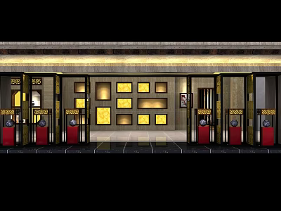 Traditional Chinese Storefront With Red Pillars Black Frames And Yellow Decorative Panels 3d model
