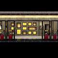 Traditional Chinese Storefront With Red Pillars Black Frames And Yellow Decorative Panels