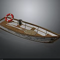 Traditional Wooden Boat With Red Lifebuoy Bucket And Oars For Water Transport
