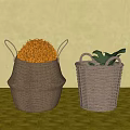 Woven Storage Baskets with Dried Flowers and Green Leaf on Yellow Tabletop Against Beige Wall