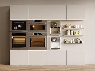 Modern Kitchen Featuring Built In Ovens Coffee Maker Water Dispenser And White Cabinet Storage 3d model