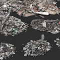 Collection of Different Crushed Stone Pieces and Recycled Wood Waste Materials