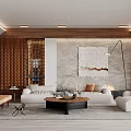 Elegant Modern Living Room Interior With White Sofas Wooden Accent Wall And Woven Artwork