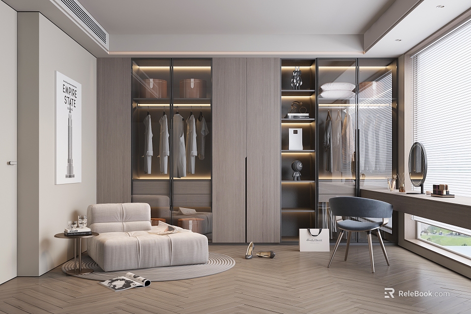Modern Walk In Closet Interior Design With Wooden Cabinets Clothing Racks And Sofa 3d model 