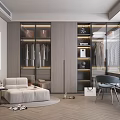 Modern Walk In Closet Interior Design With Wooden Cabinets Clothing Racks And Sofa