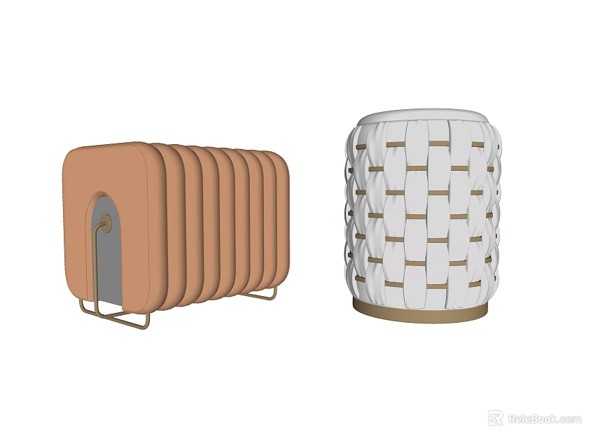 Brown Leather Ottoman With Stackable Design And White Woven Pouf With Gold Base 3d model 