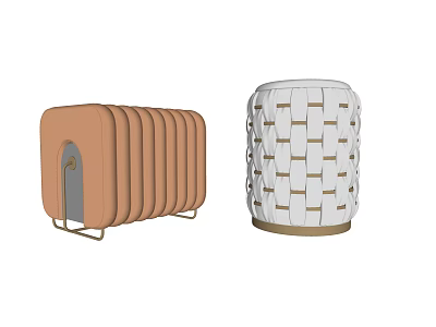 Brown Leather Ottoman With Stackable Design And White Woven Pouf With Gold Base 3d model