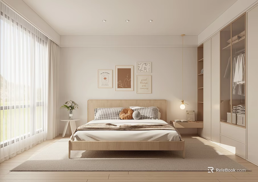 Bright Bedroom Interior With Large Windows Wooden Bed Wall Art And Bedside Lamp 3d model 