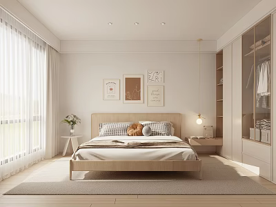 Bright Bedroom Interior With Large Windows Wooden Bed Wall Art And Bedside Lamp 3d model