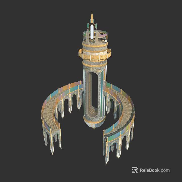 Cartoon Scene Of Fantasy Tower With Spiral Structure Floating Platforms And Decorative Spires 3d model 