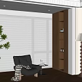 Cozy Home Balcony Design with Window Blinds Dark Leather Armchair Potted Plant and Wooden Shelf