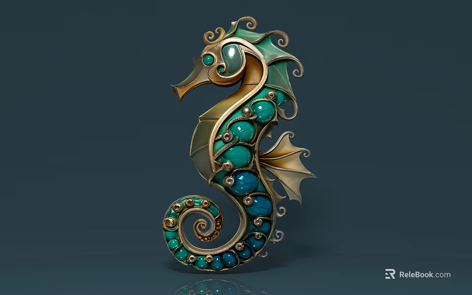 Intricate Seahorse Sculpture Carving With Turquoise Gemstones And Golden Spiral Tail 3d model 