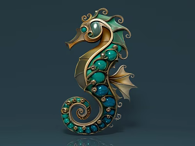 Intricate Seahorse Sculpture Carving With Turquoise Gemstones And Golden Spiral Tail 3d model