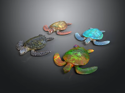 Colorful Sea Turtles With Vibrant Shells And Flippers On Dark Background 3d model